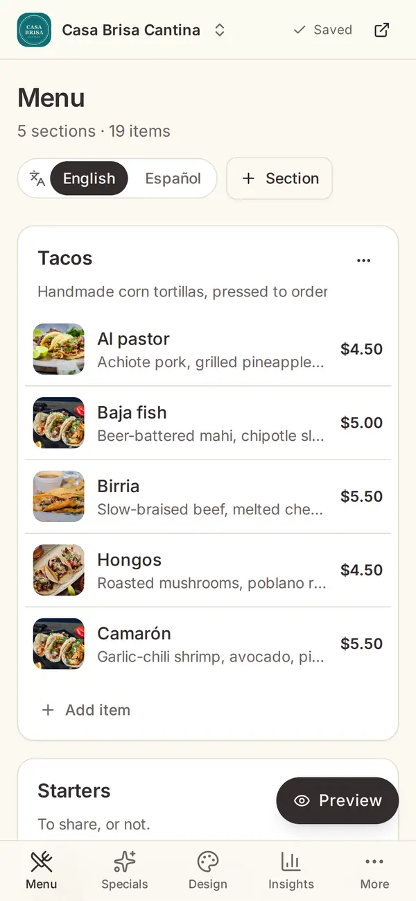 Menu editor on a phone