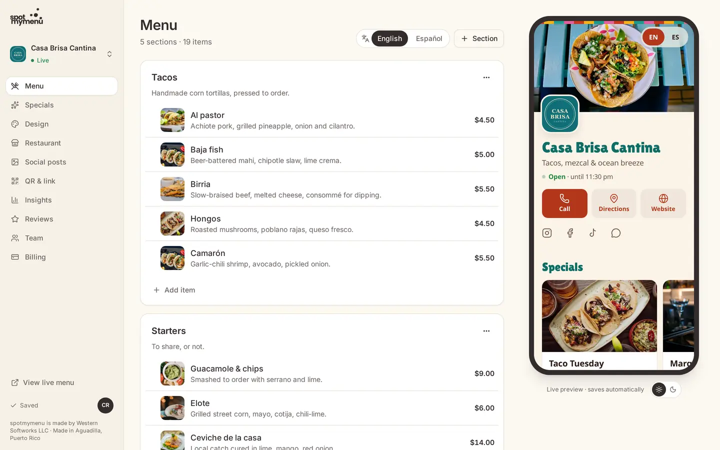 spotmymenu menu editor with live phone preview