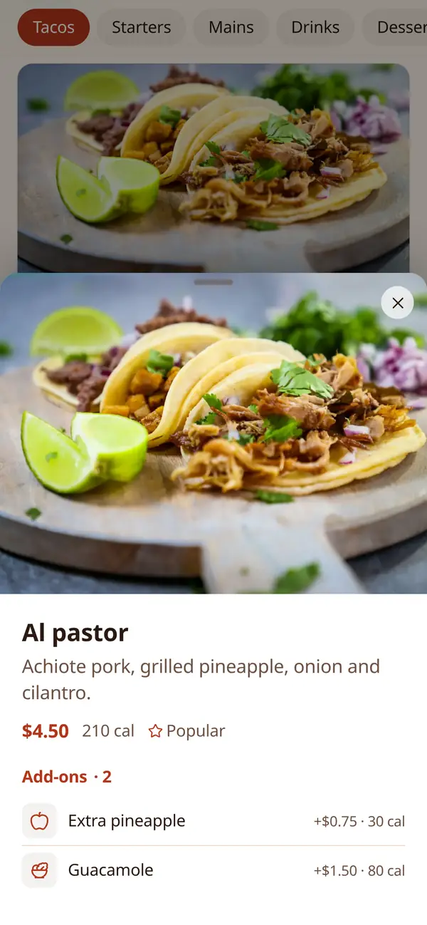 Dish detail with photo and add-ons