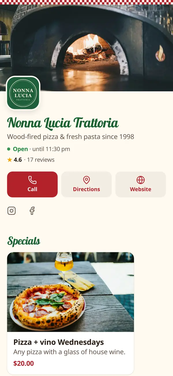 Nonna Lucia menu, Trattoria · Pizzeria