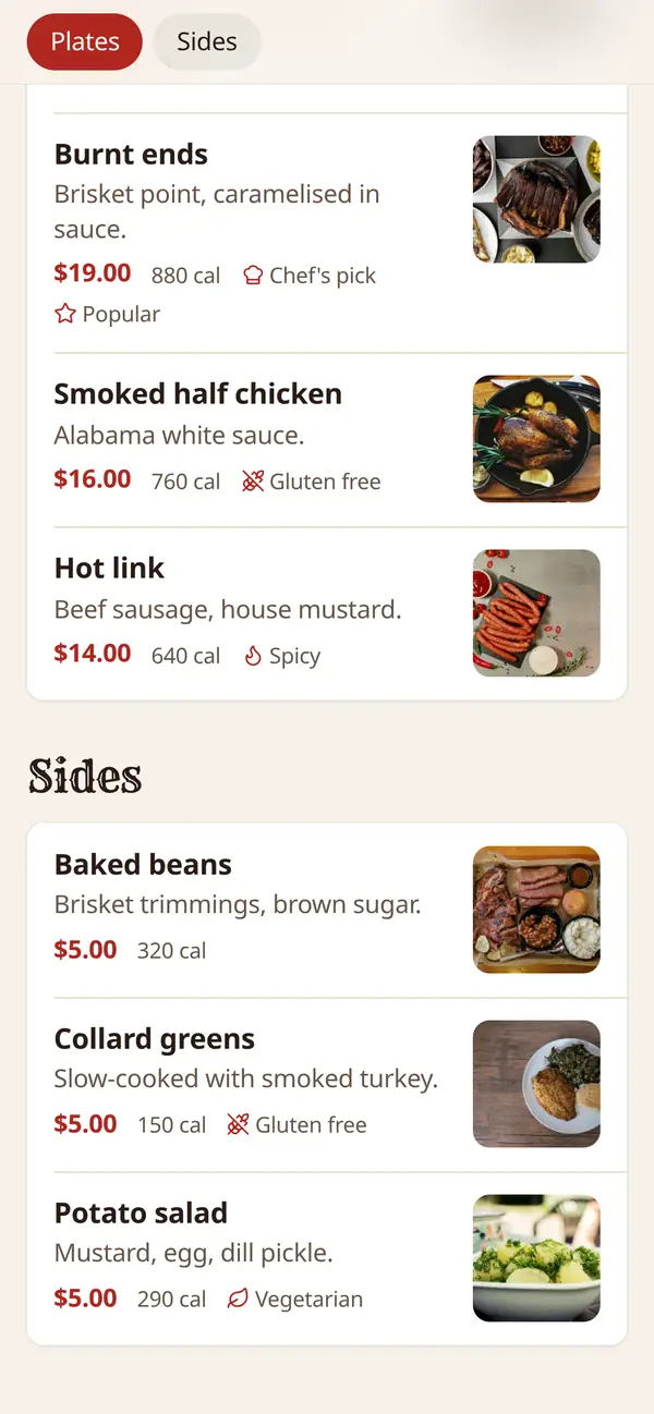 Big Smoke Rib Shack menu sections