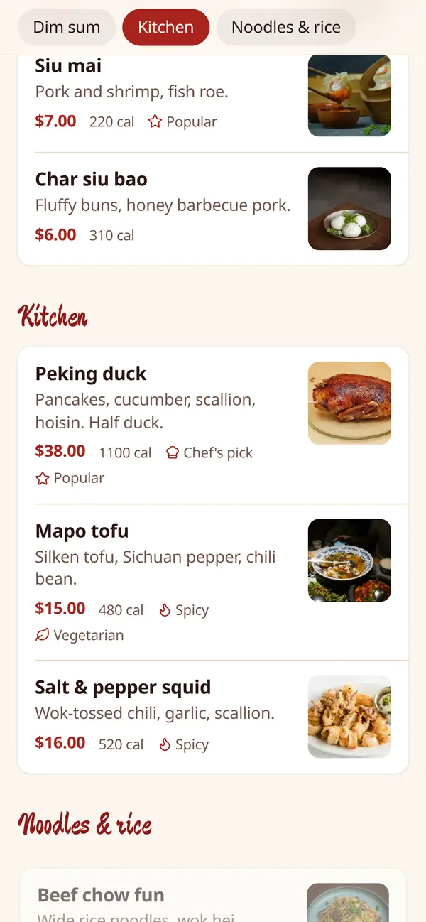 Golden Lantern menu sections