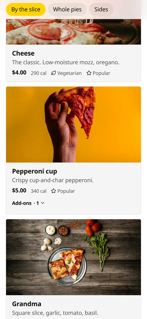 Slice Club menu sections