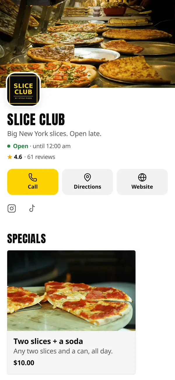 Slice Club: Big New York slices. Open late.