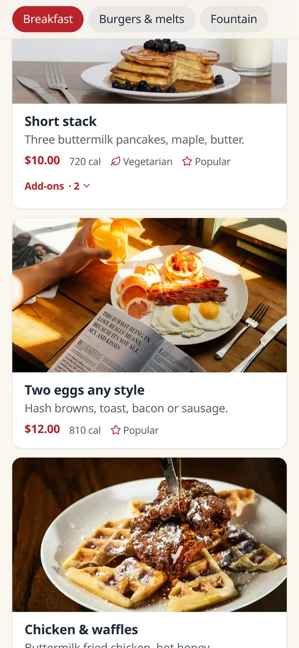 Starlite Diner menu sections