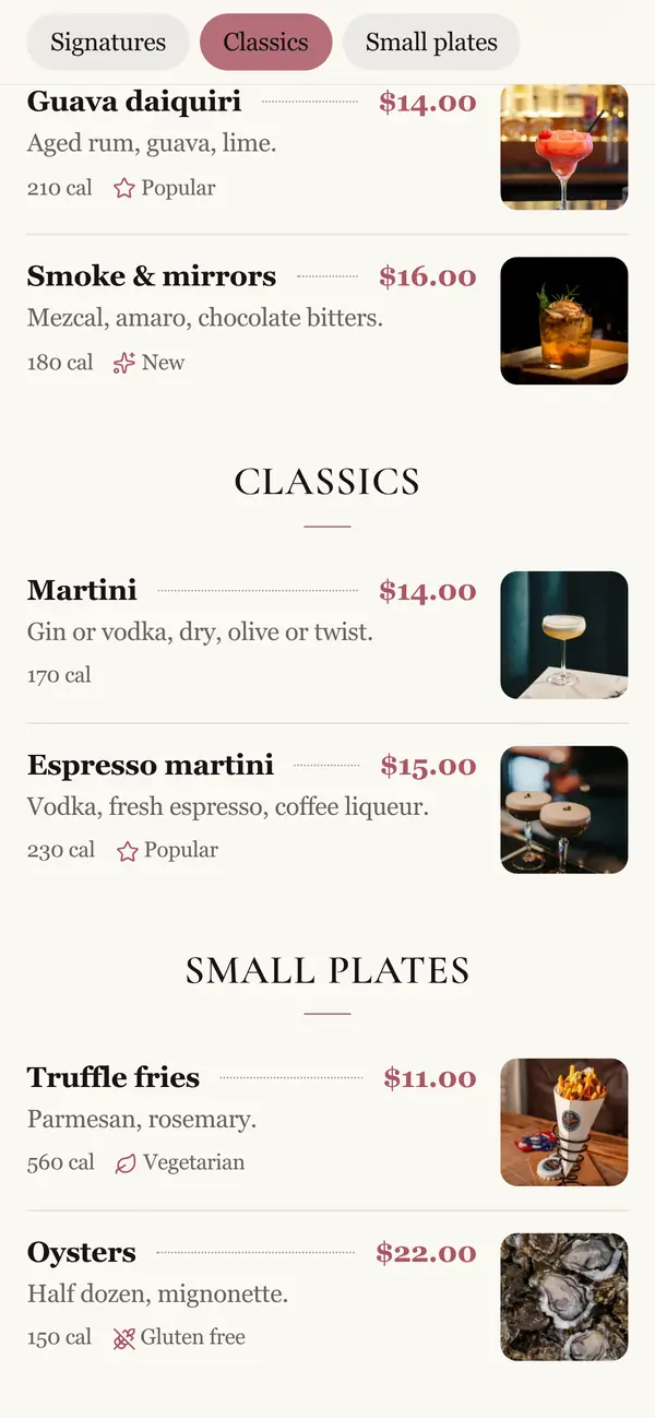 The Velvet Room menu sections